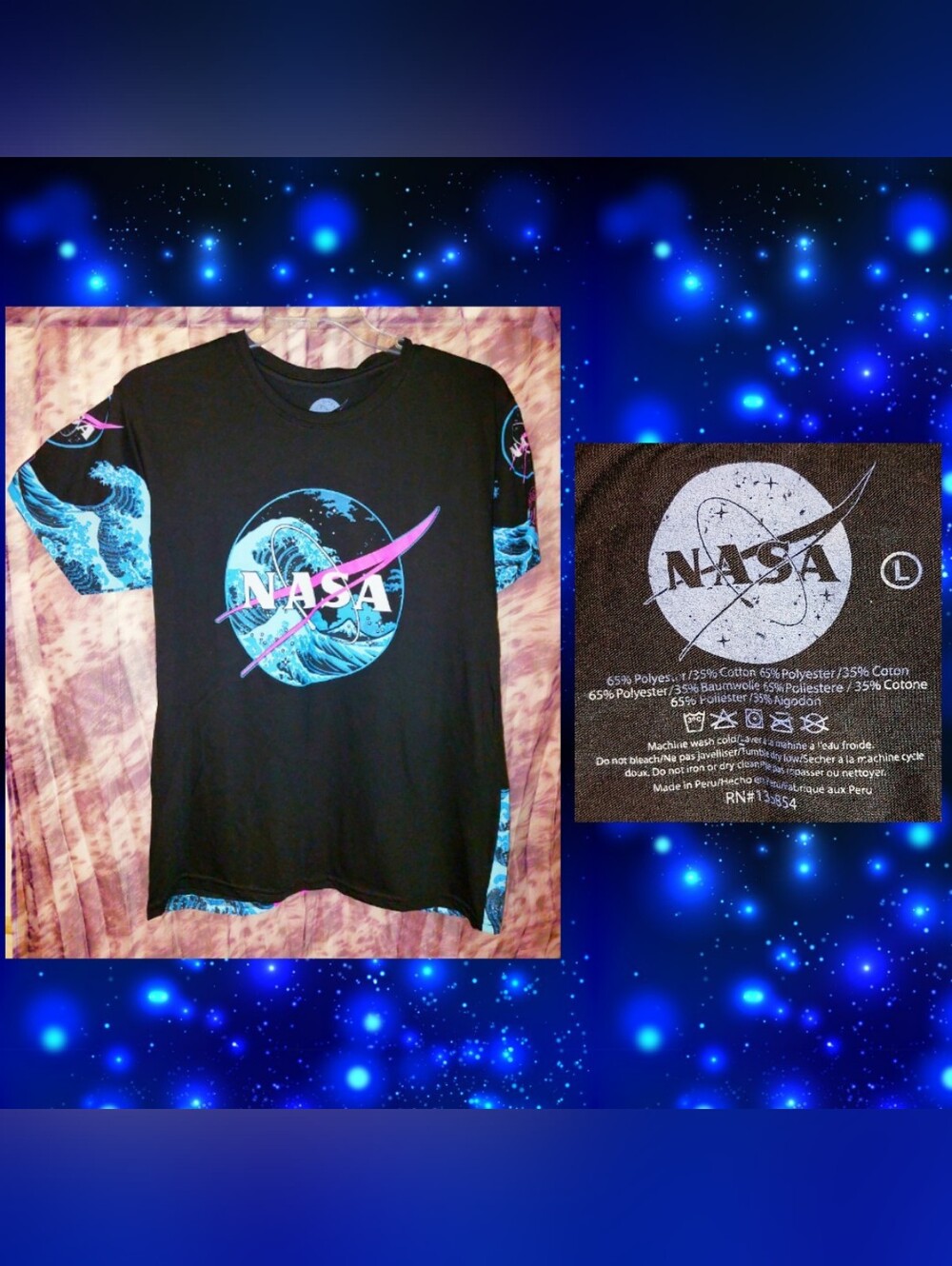 NASA Blk/Multiclr NASA Space Shuttle/Waves Japanese Inspired Graphic T-shirt Lrg